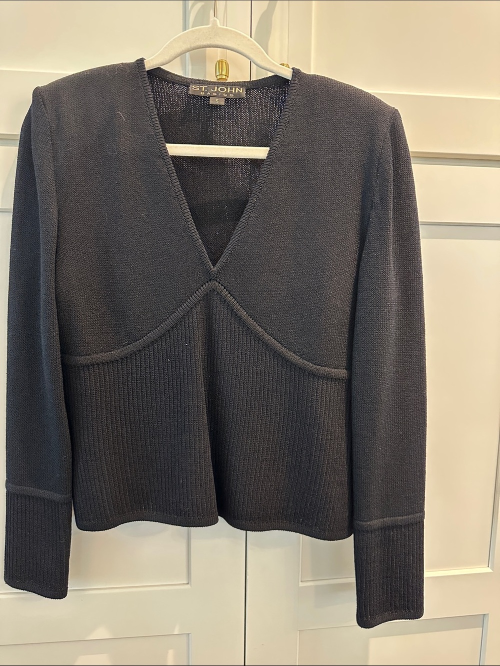 St. John Black V-Neck Sculpted Knit Pullover